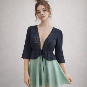 Y2K Revival Black Front Tie Top Size Medium Boho Eyelet Ruffle Whimsigoth